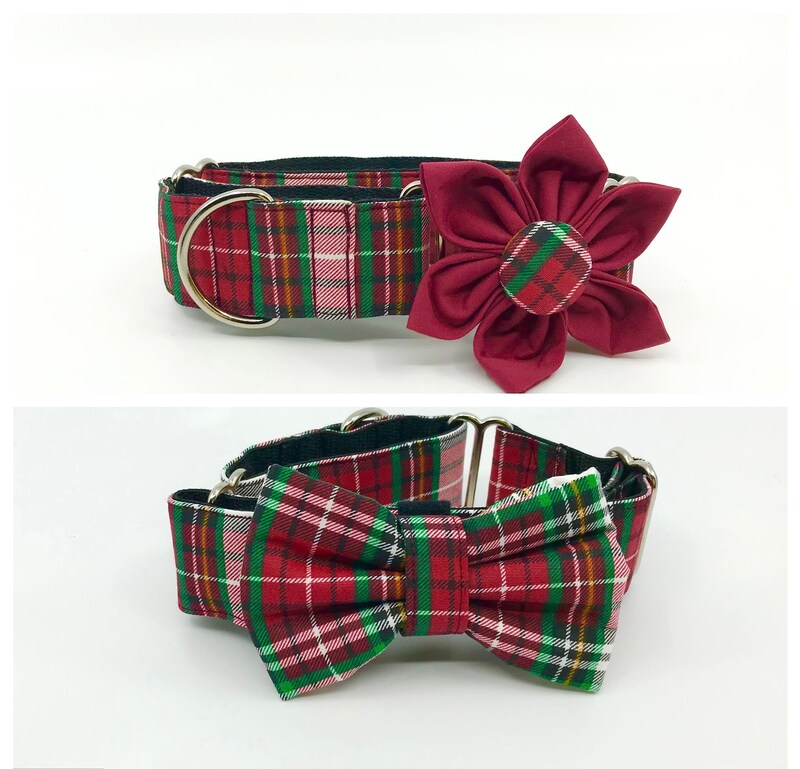 Red And Green Plaid Christmas Martingale Dog Collar With Optional Flower Or Bow Tie, Slip On Collar Adjustable Sizes S, M, L, XL